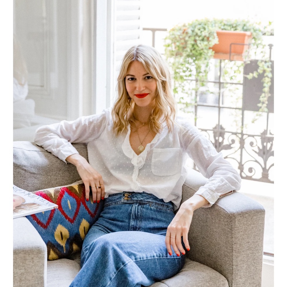 Sezane capucine top in white Swiss dot embroidery cotton size 36